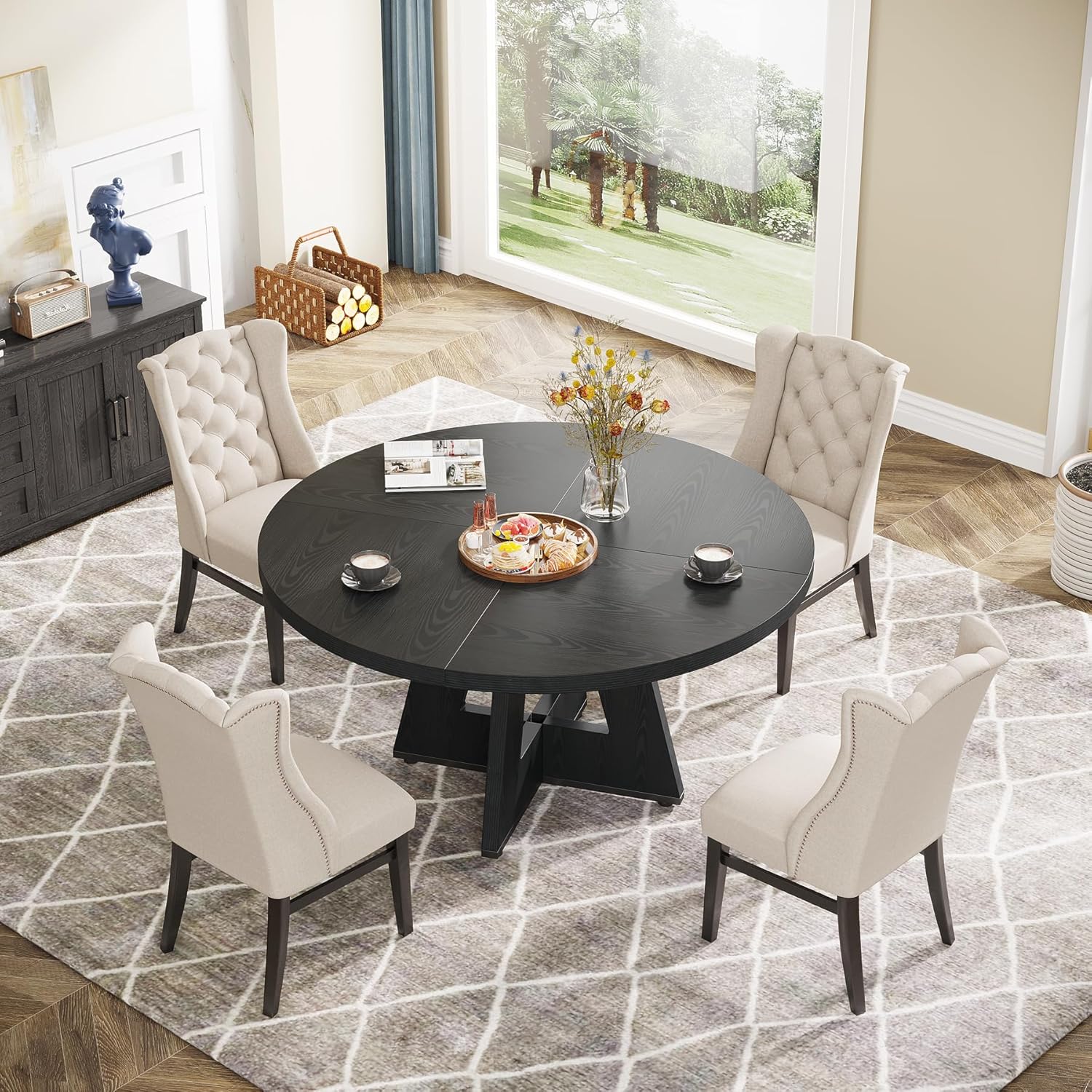Farmhouse Dining Table, 47 Inch Round Dinner Table for 4, Rustic Brown Dining Room Table for Home Dining Room Living Room (Easy Assembly) (Black)1 pcs