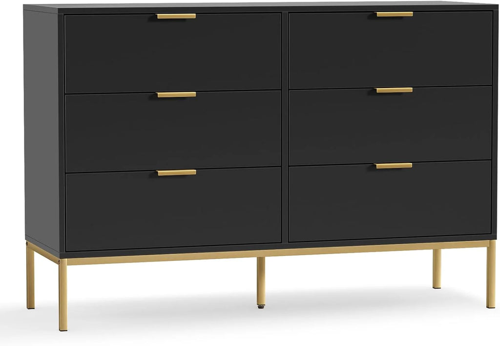 Black Dresser for Bedroom, Modern 6 Drawer Dresser, Chest of Drawers Closet Organizers and Wood Storage Clothes, White Dresser with Golden Handles for Living Room, Hallway1 pcs