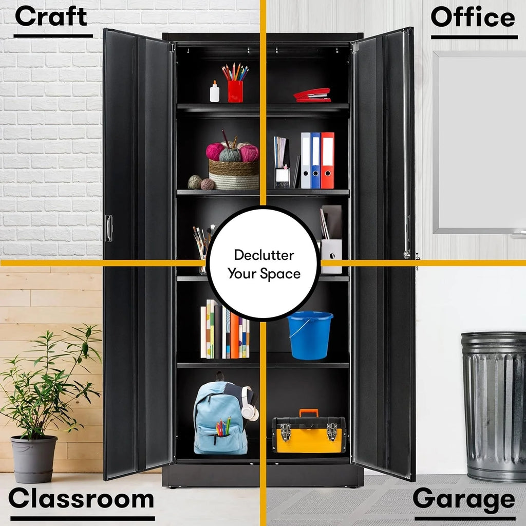 Heavy Duty Metal Garage Locker - 71 "tall large steel multipurpose locker with adjustable shelves and door locks - black and silver