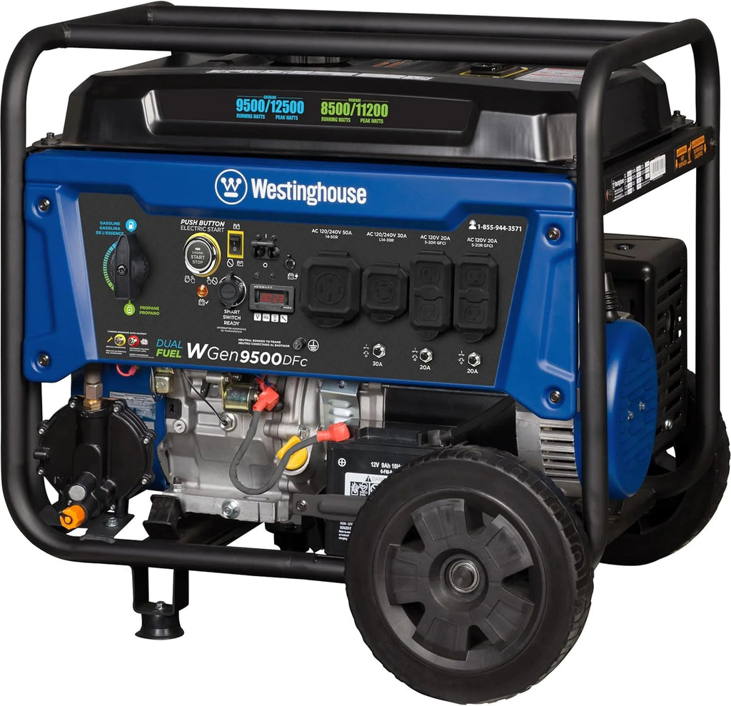 Dual Fuel Home Backup Portable Generator, 12500 Peak Watts & 9500 Rated Watts, Remote Electric Start, Transfer Switch Ready, Gas and Propane Powered, CARB Compliant1 pcs