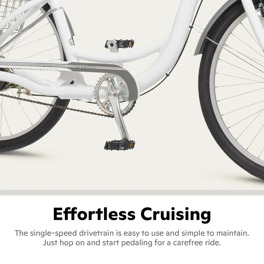 2025 Schwinn Meridian Adult Tricycle, Men's and Women's Beach Cruiser, 26-inch Wheels, Low Step-Through, Wide Saddle, Folding Rear Basket.