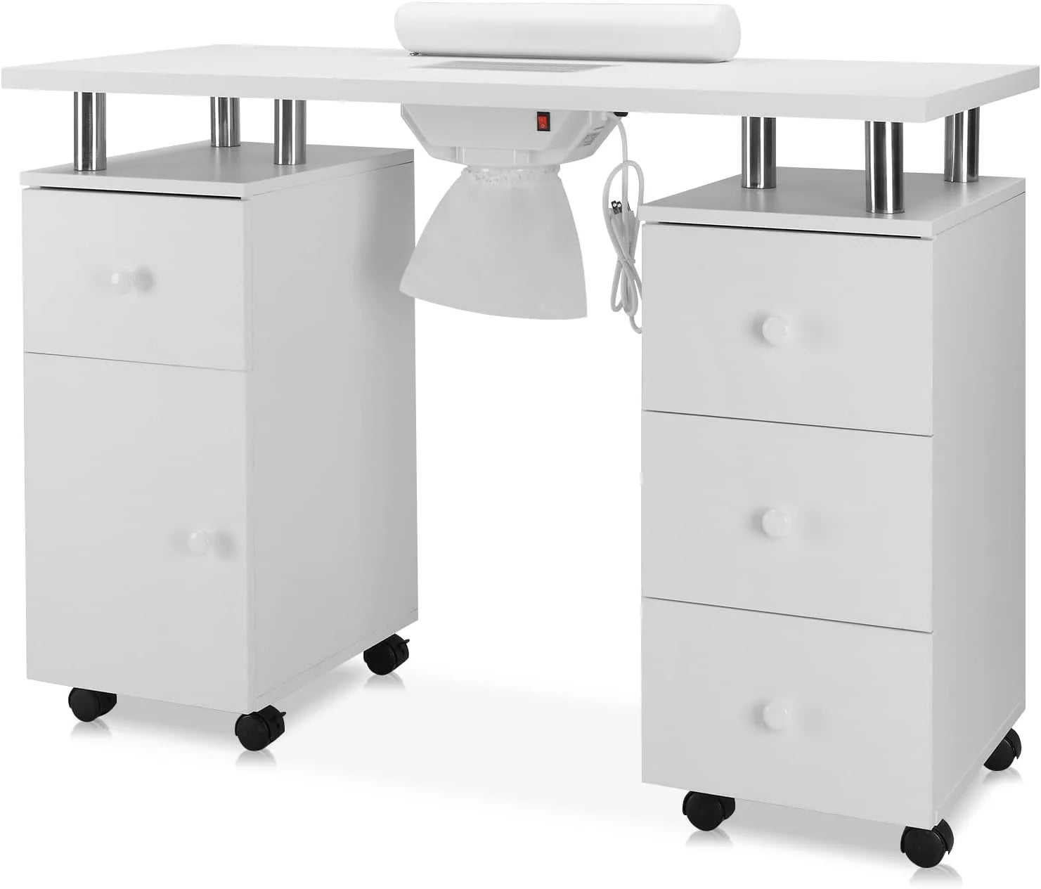 Manicure Table Nail Desk for Nail Tech w/Electric Dust Collector & Wrist Rest, Acetone Resistant Top Beauty Salon Nail Supplies Decor Station w/Lockable Wheels, Cabinet, Drawer (White)1 pcs