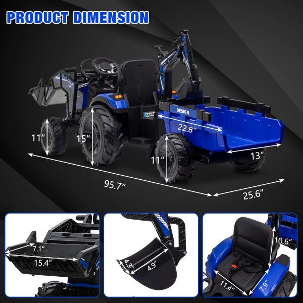 3-in-1 Ride-On Tractor, 24V Electric, Excavator & Bulldozer, Remote Control, LED, Music, USB/Bluetooth max 66 lbs �� Bright-blue