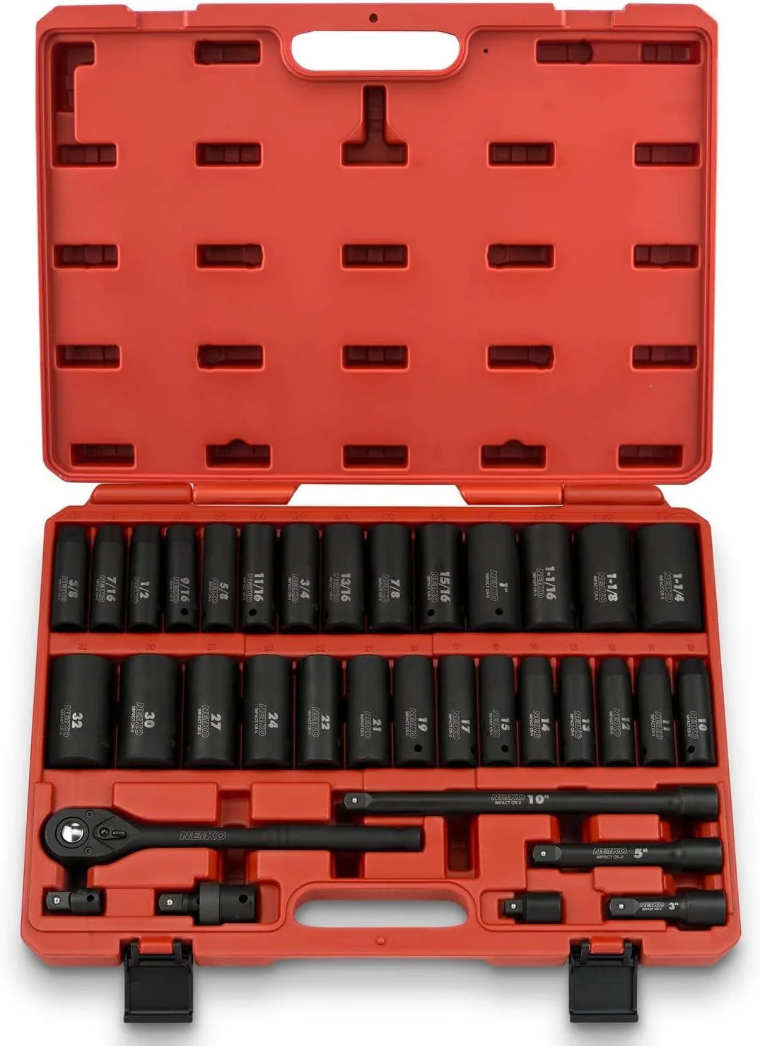 02448A 1/2" Drive Master Impact Socket Set, 65 Piece, Standard SAE (3/8"-1-1/4") & Metric (10-24 mm) Sizes, Deep & Shallow Kit, Includes Adapters & Ratchet Handle1 pcs