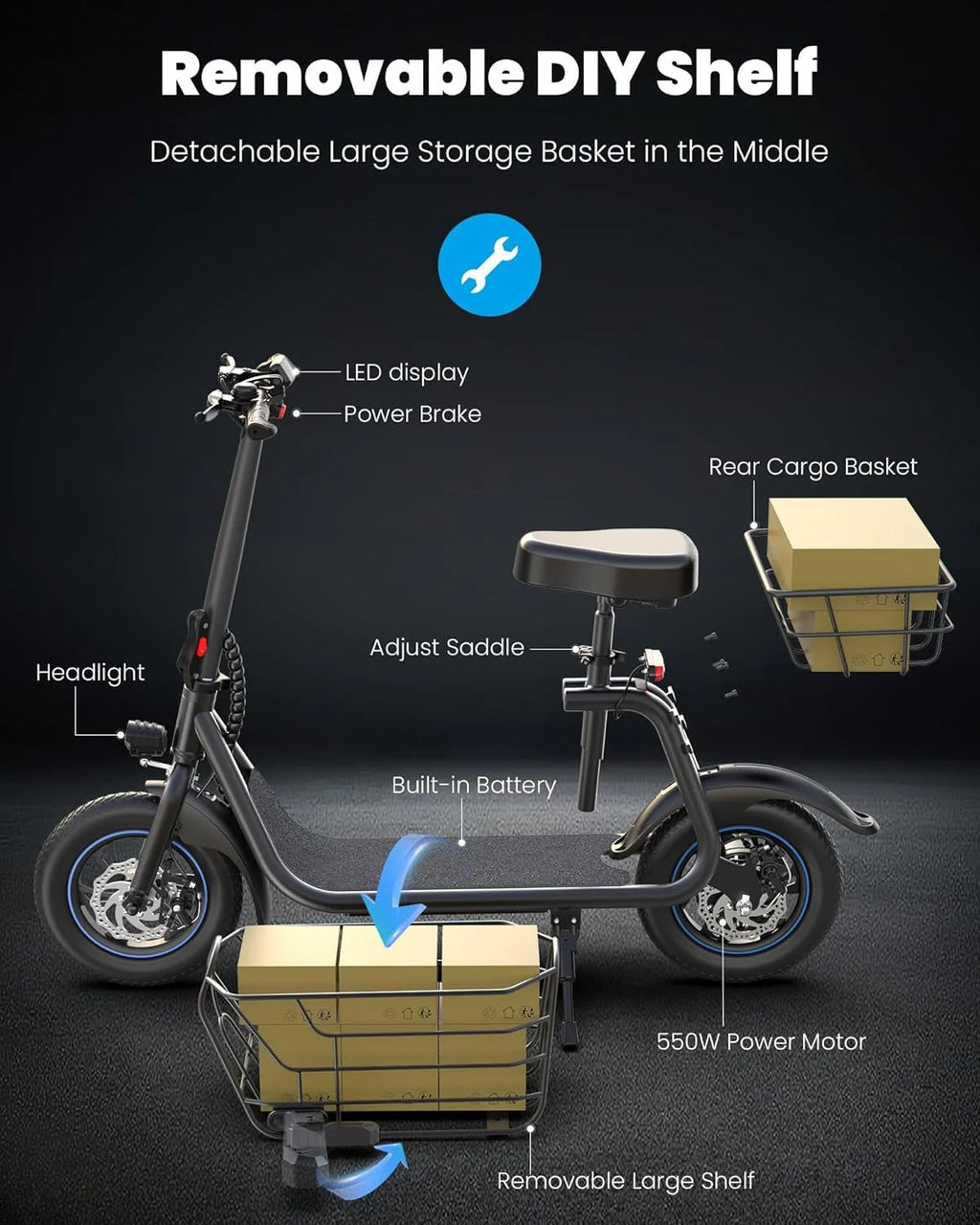 Electric scooter for adults with large center basket