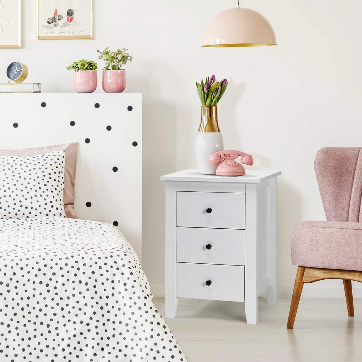 Giantex 2Pcs Bedside Table, Nightstand w/ 3 Drawers & Solid Wood Legs