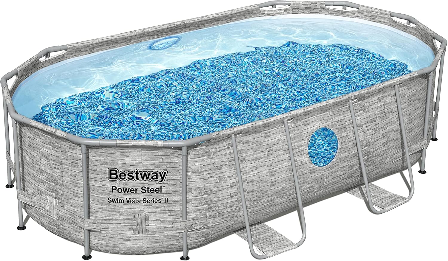 The robust steel swimming pool "Horizon Series II" - a 14 feet x 8 feet 2 inches x 39.5 inches outdoor above-ground pool package, equipped with a 530 liter/minute filtration pump, ladder and pool cover.1 pcs
