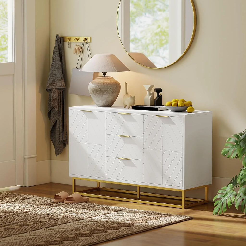 Sideboard Buffet Cabinet with Storage, Contemporary Buffet Cabinet with Adjustable Shelves and Metal Legs, Kitchen Storage Cabinet with Elevated Base, White1 pcs