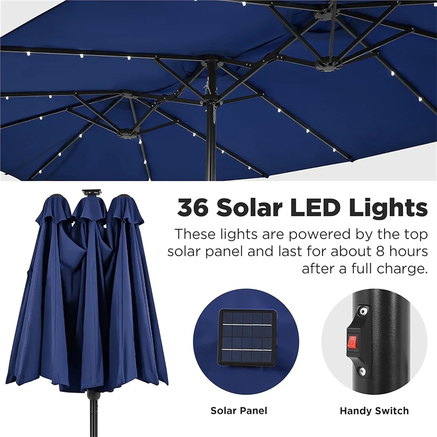15 ft Large Patio Umbrella with Solar Lights Double-Sided Outdoor Rectangle Market Umbrellas with 36 LED Lights/Base Included/Easy Crank for Patio Garden Yard Pool Lawn, Brown