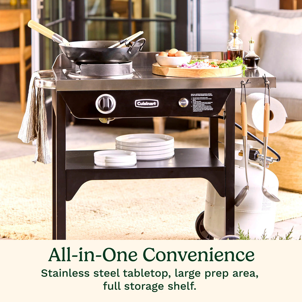 Cuisinart – Outdoor Wok Station, 50,000 BTU Propane Outdoor Wok Burner w Prep Table, 14′′ Carbon Steel Wok for Stir Fry, Searing, BBQ – Black