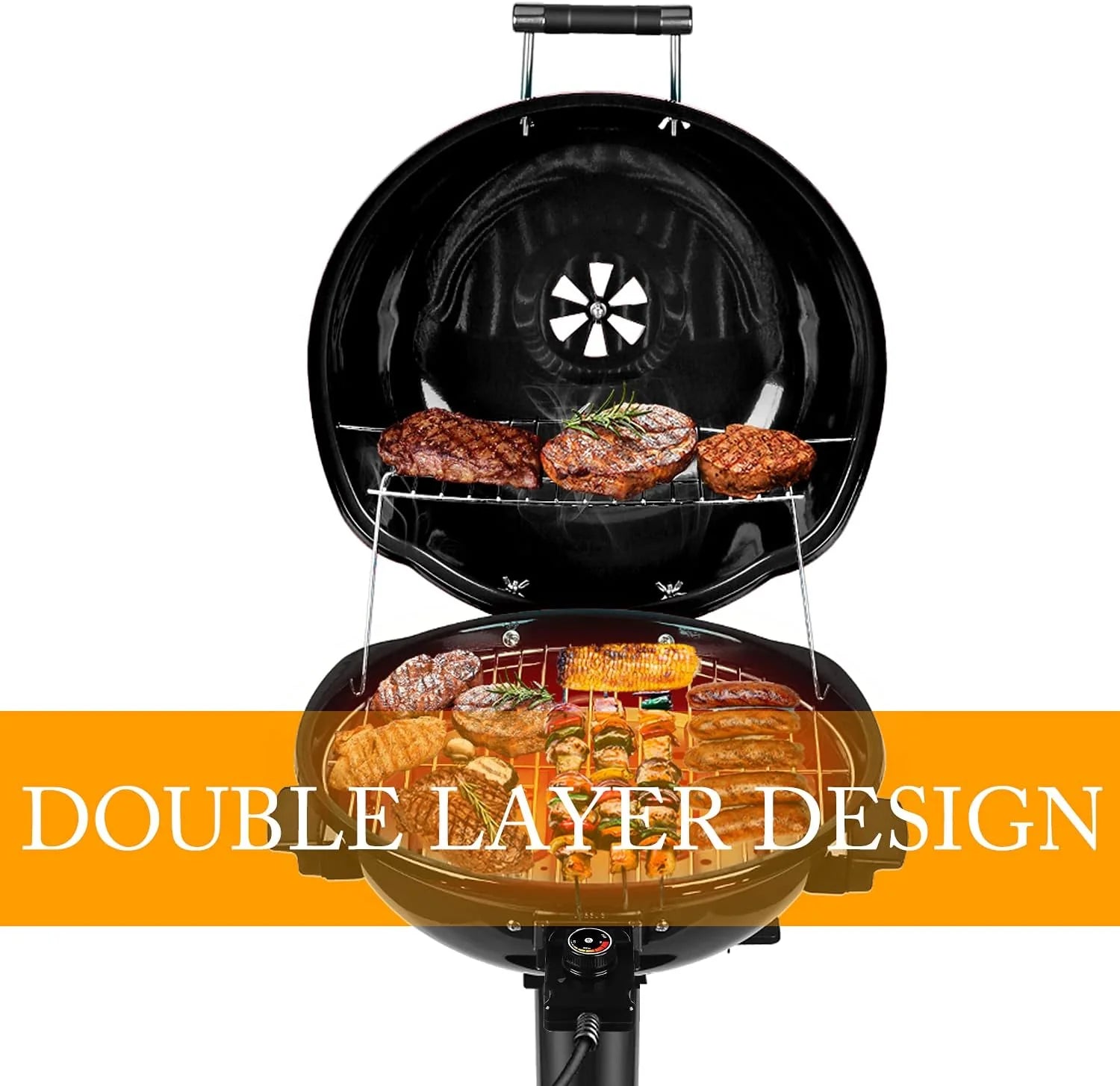 Electric barbecue grill, 15-person indoor/outdoor electric grill, suitable for indoor and outdoor use, double-layer design, portable detachable grill, power 1600 watts (fixed type, black)1 pcs