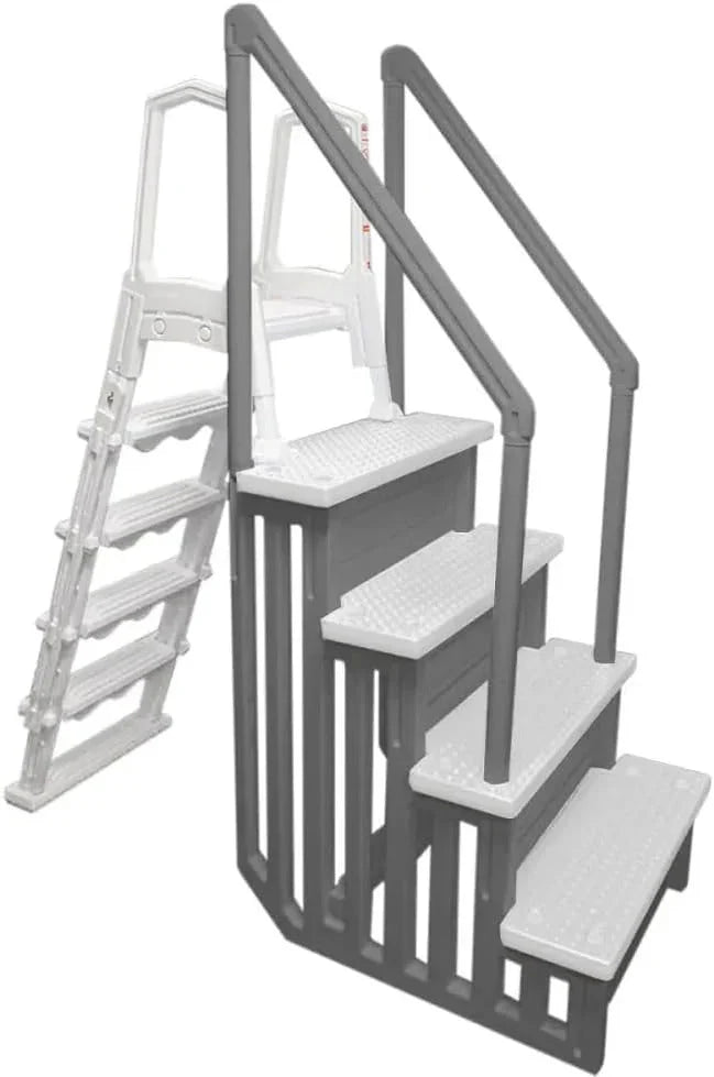Non-slip entry steps for pools | Grey | For above-ground pools | Can be installed on terraces with a height of 122 to 137 cm | Load capacity up to 136 kg