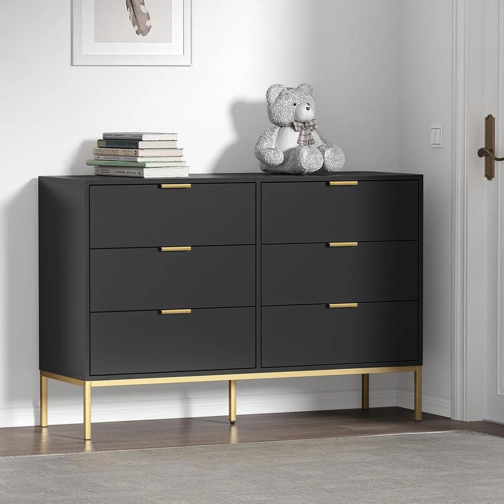 Black Dresser for Bedroom, Modern 6 Drawer Dresser, Chest of Drawers Closet Organizers and Wood Storage Clothes, White Dresser with Golden Handles for Living Room, Hallway1 pcs