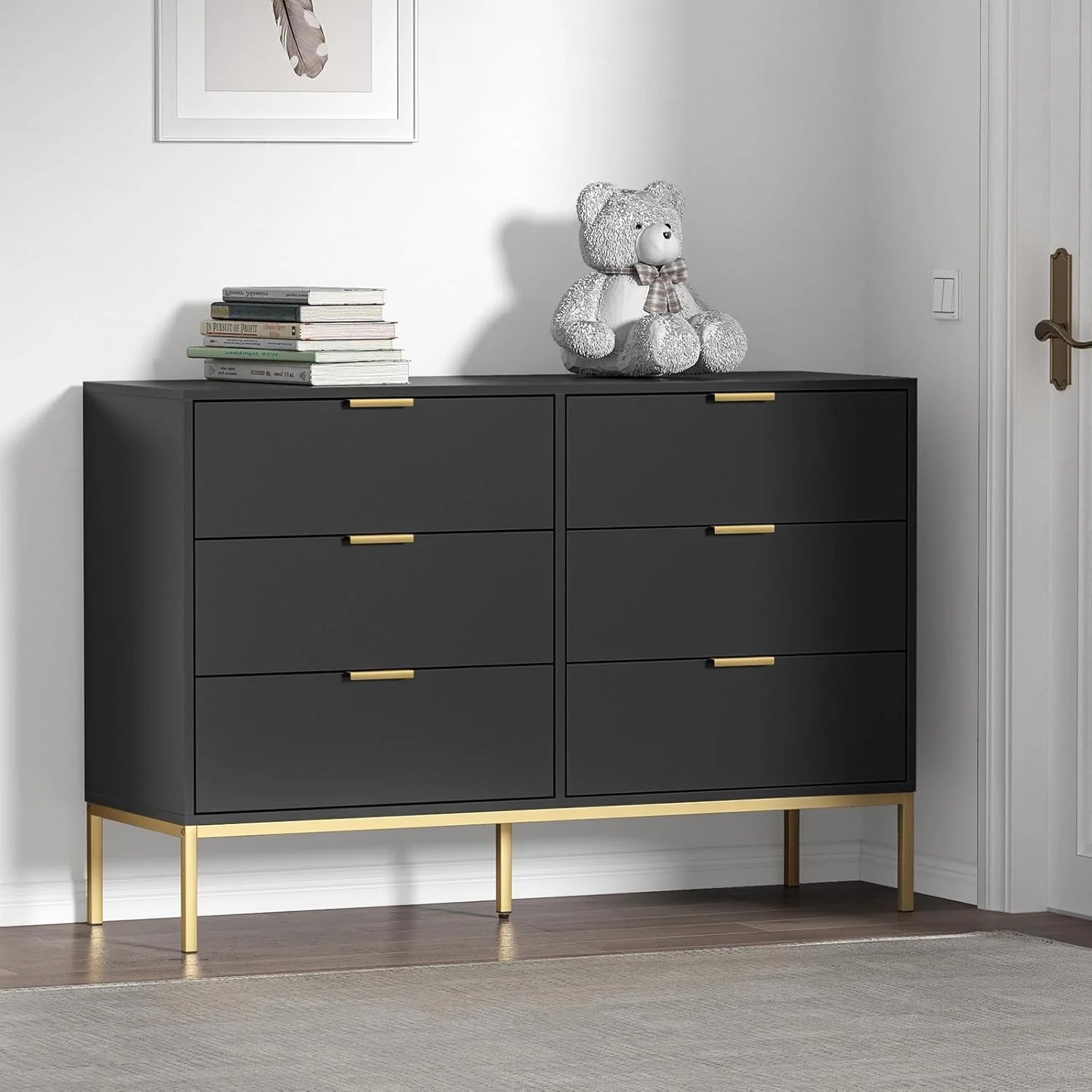 Black Dresser for Bedroom, Modern 6 Drawer Dresser, Chest of Drawers Closet Organizers and Wood Storage Clothes, White Dresser with Golden Handles for Living Room, Hallway1 pcs