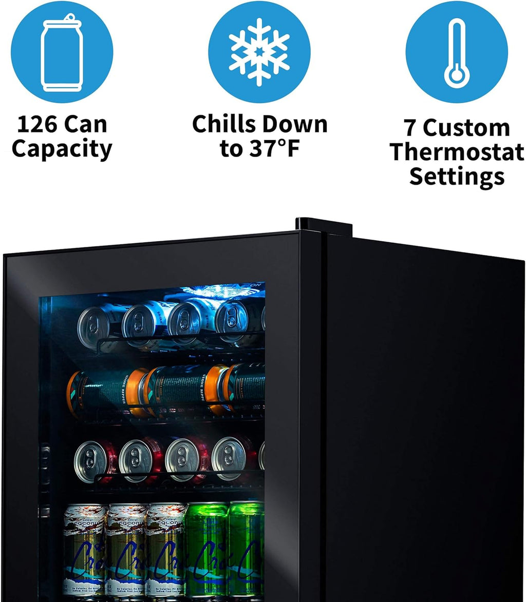 Beverage Refrigerator Cooler | 126 Cans Free Standing with Right Hinge Glass Door | Mini Fridge Beverage Organizer Perfect For Beer, Wine, Soda, And Cooler Drinks