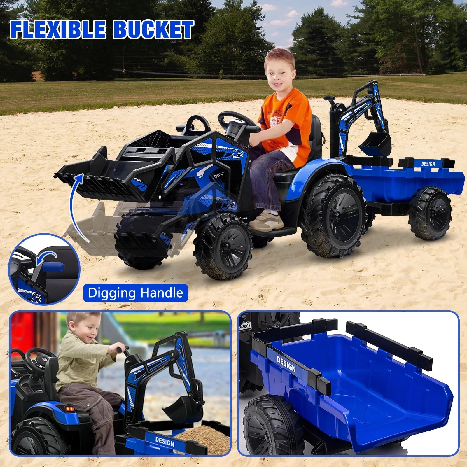 3-in-1 Ride-On Tractor, 24V Electric, Excavator & Bulldozer, Remote Control, LED, Music, USB/Bluetooth max 66 lbs �� Bright-blue