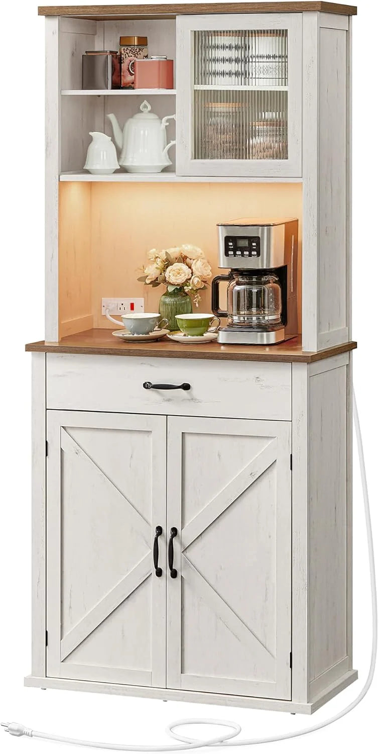Pantry Cabinet with Lights and Charging Station, Kitchen Storage Cabinet with Doors and Drawer, 39.5 x 80.4 x 180.6 cm, Adjustable Shelves, Farmhouse Style, Rustic White1 pcs