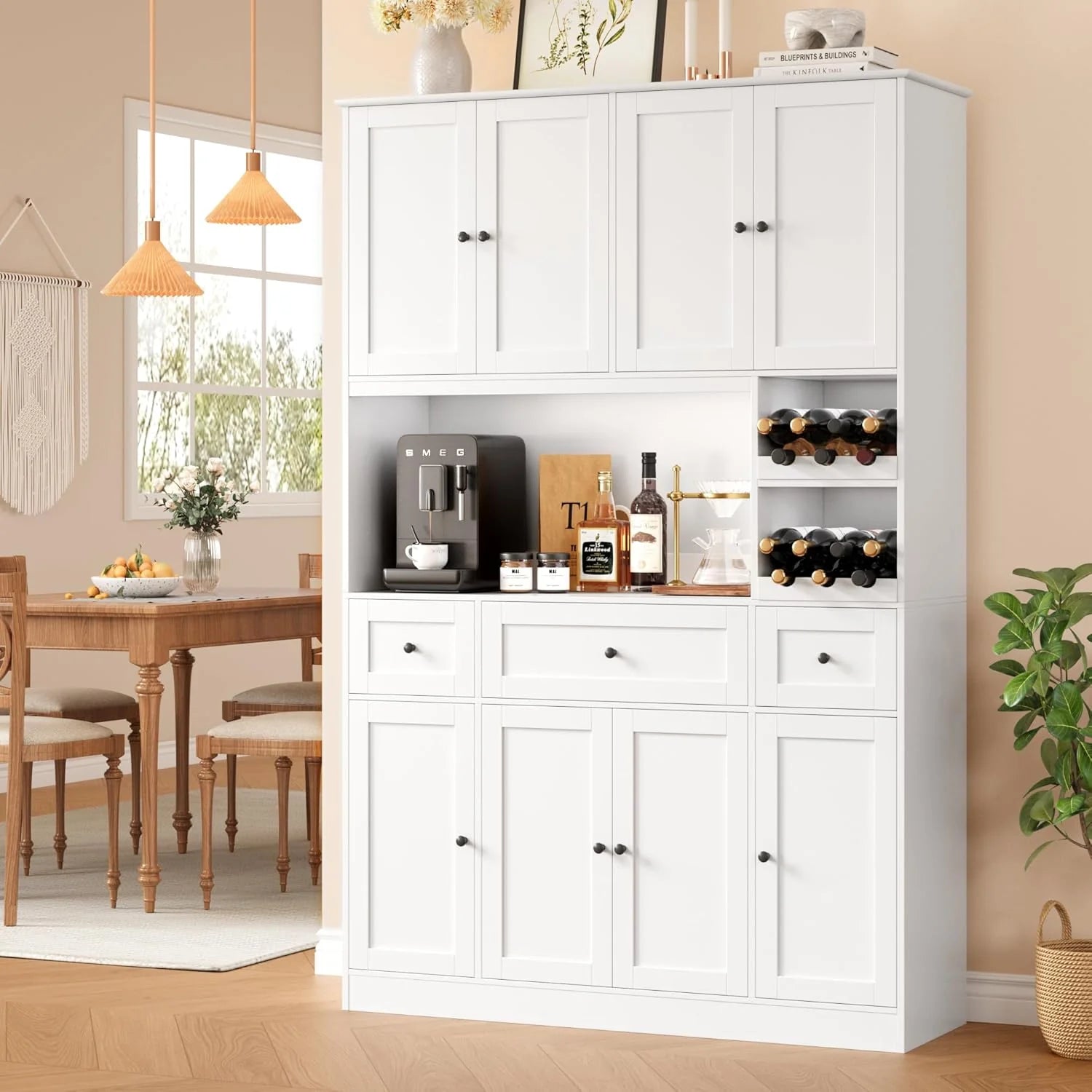 72" Tall Kitchen Pantry with Wine Rack, Pantry Cabinet with Microwave Stand, Large Hutch with Ample Storage, Hutch Cabinet for Kitchen, Dining, Living Room, White1 pcs