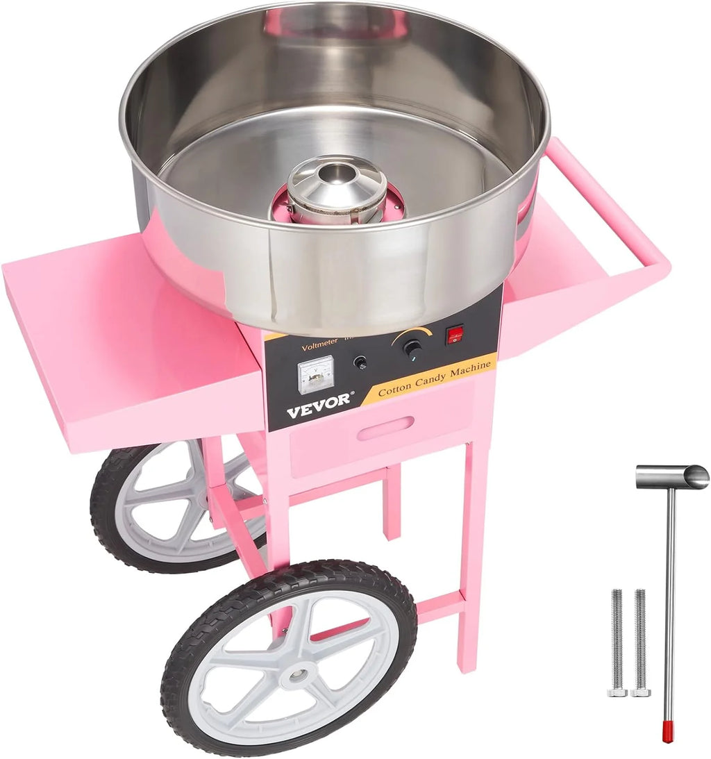 Electric Cotton Candy Machine with Cart, 1000W Commercial Floss Maker with Stainless Steel Bowl, Sugar Scoop and Drawer, Perfect for Home, Kids Birthday, Family Party, Pink1 pcs