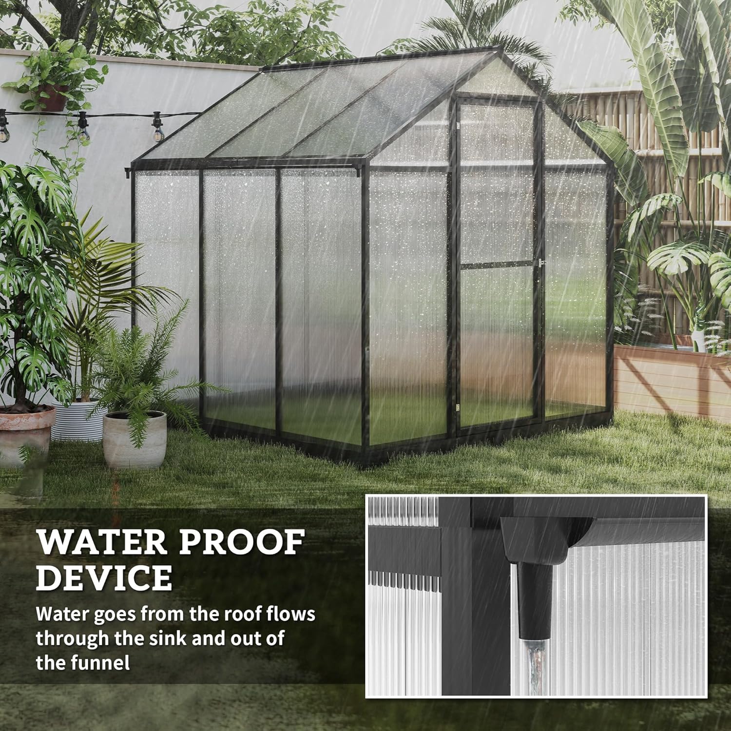 6' x 8' x 6.4' Polycarbonate Greenhouse, Aluminum Walk-in Green House Kit Garden, Plants Grow with Rain Gutter and Roof Vent1 pcs