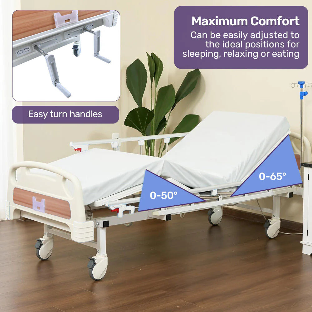 EQUIPMED Medical Bed, w/ Mattress & Over Bed Table, Easy Manual Back and Leg Incline Adjustable, IV Pole, Home Aged Care or ICU Hospital
