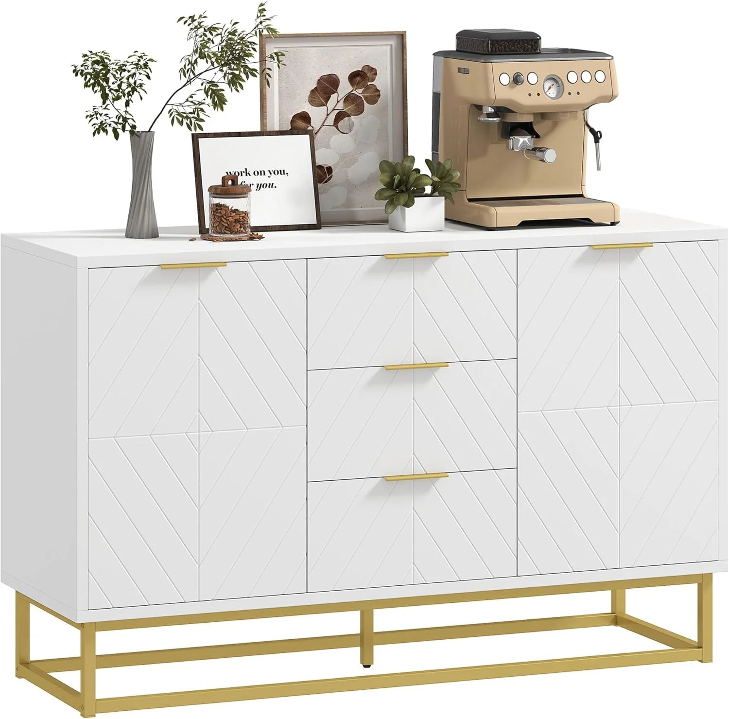 Sideboard Buffet Cabinet with Storage, Contemporary Buffet Cabinet with Adjustable Shelves and Metal Legs, Kitchen Storage Cabinet with Elevated Base, White1 pcs