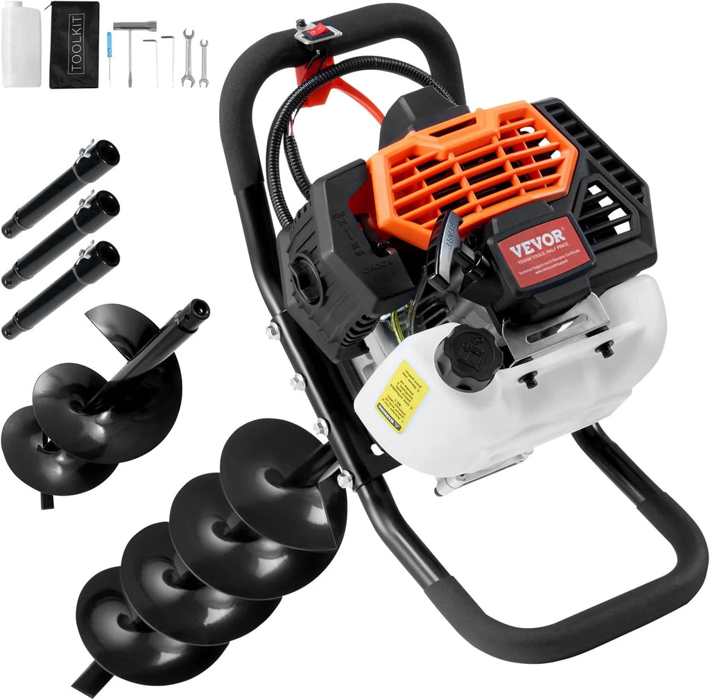 1450-watt gasoline engine electric drilling machine, equipped with 6-inch and 10-inch drill bits and 3 extension rods, suitable for drilling holes in fence posts of farmlands, gardens, and orchards. The color is orange and black.1 pcs
