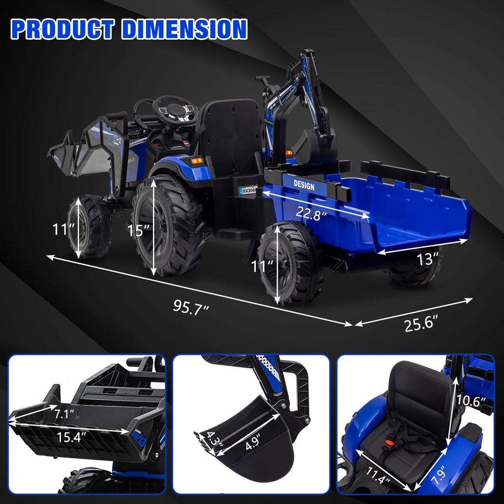 3-in-1 Ride-On Tractor, 24V Electric, Excavator & Bulldozer, Remote Control, LED, Music, USB/Bluetooth max 66 lbs �� Bright-blue