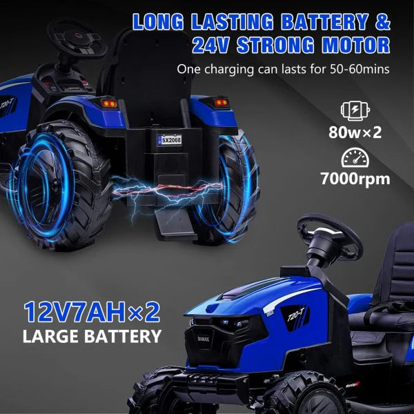 3-in-1 Ride-On Tractor, 24V Electric, Excavator & Bulldozer, Remote Control, LED, Music, USB/Bluetooth max 66 lbs �� Bright-blue