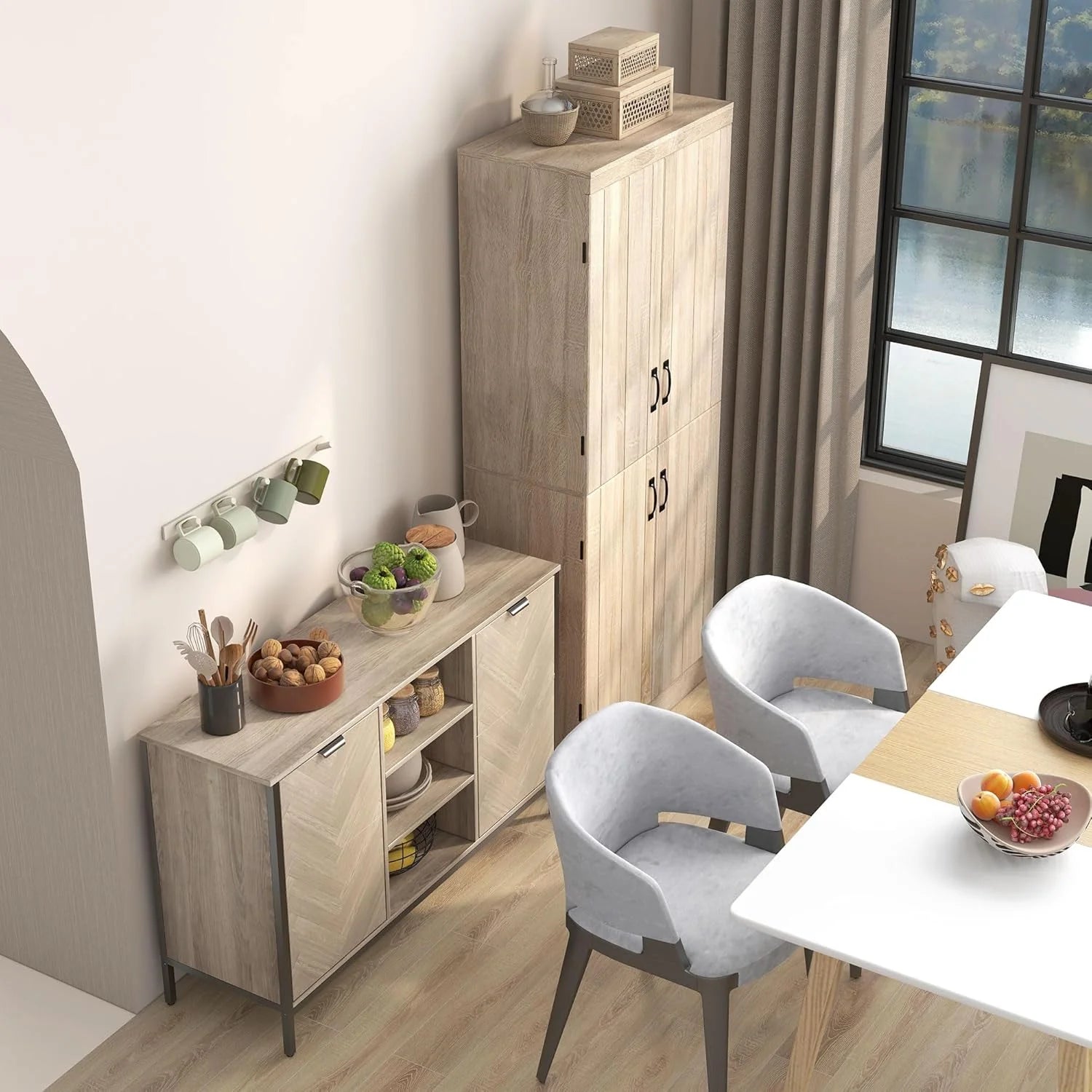 70" Tall Kitchen Pantry Cabinet, Freestanding Buffet Storage Cabinet with 4 Doors and 2 Adjustable Shelves, Natural1 pcs