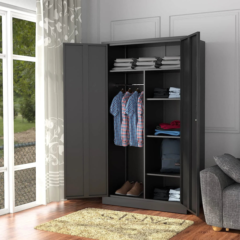 Metal Storage Cabinets Locker with Lock Door, 72'' Clothing Coat Steel Storage Freestanding Wardrobe for Office, Home, School, Employee,Gym,Fire Department (1PC-Black)1 pcs