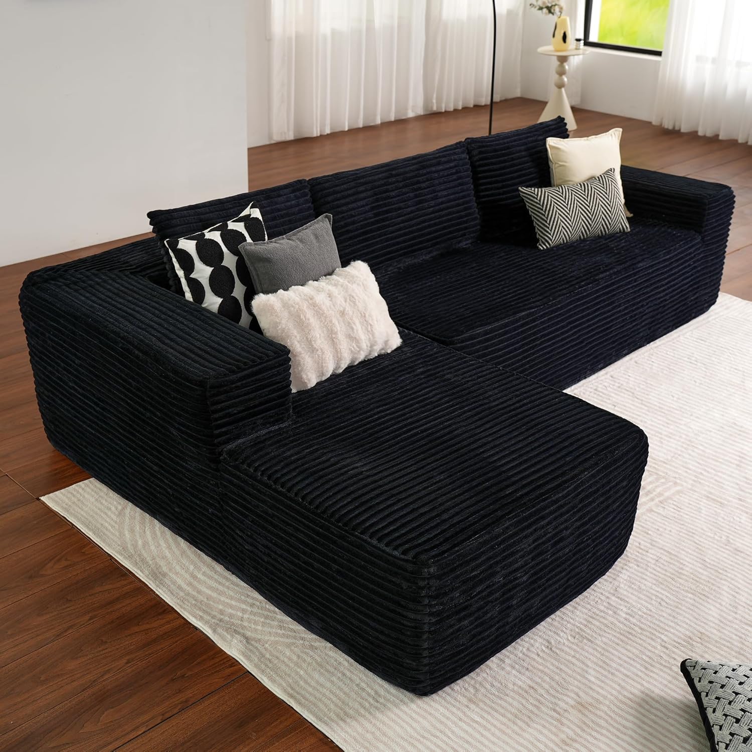 ovios 104" Cloud Sectional Couch with L-Shape Chaise,Modern Modular Sofa with Deep Seat, Upholstered Couches for Living Room Bedroom,No Assembly Required, Black (Corduroy Fabric)