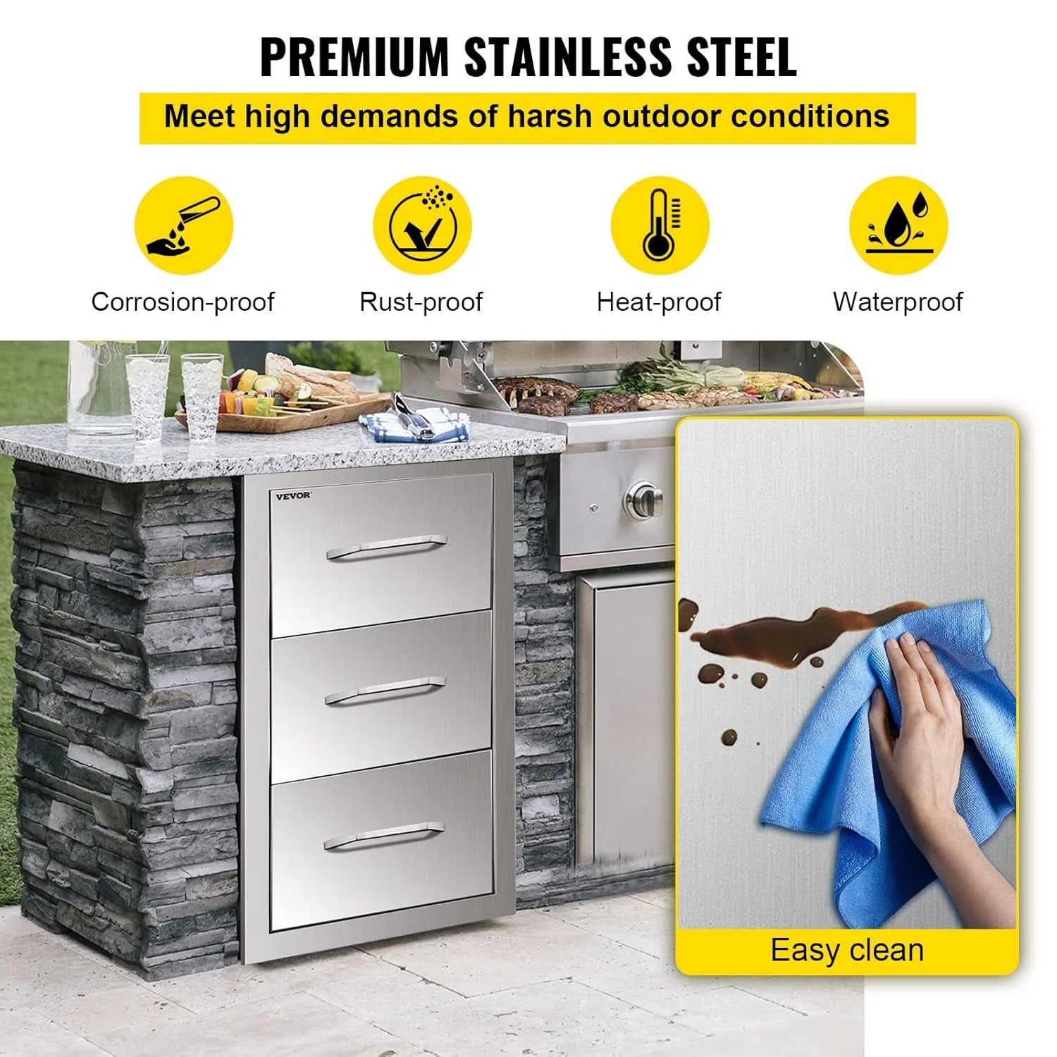14x20.3 Inch Outdoor Kitchen Drawers Stainless Steel, Flush Mount Triple Drawers, 14W x 20.3H x 23D Inch, with Stainless Steel Handle, BBQ Drawers for Outdoor Kitchens or BBQ Island1 pcs