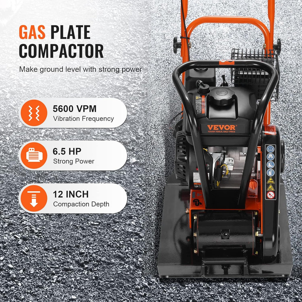 6.5HP Plate Compactor, 196CC Gas Engine, 4200 lbs Vibratory Compaction Tamper, 22.1x15.9 in Plate Power Jumping Jack Tamper, 5600 VPM Pavement Compactor for Walkways, Asphalts, Paver Landscaping1 pcs