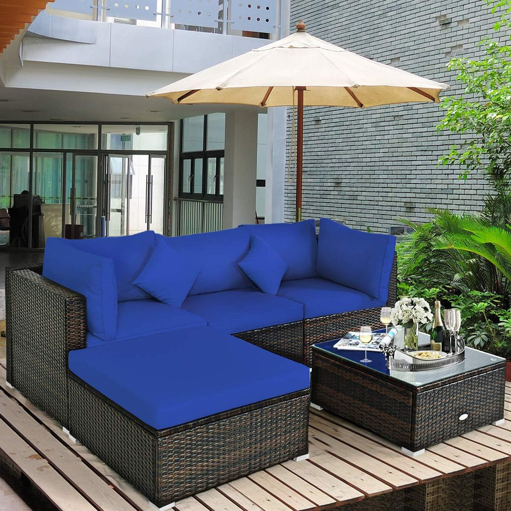 5 pieces of outdoor patio furniture, L-shaped rattan three-seater sofa with tempered glass coffee table, footstool, 3 single chairs, rattan outdoor party set, suitable for backyard, porch, balcony, black version1 pcs