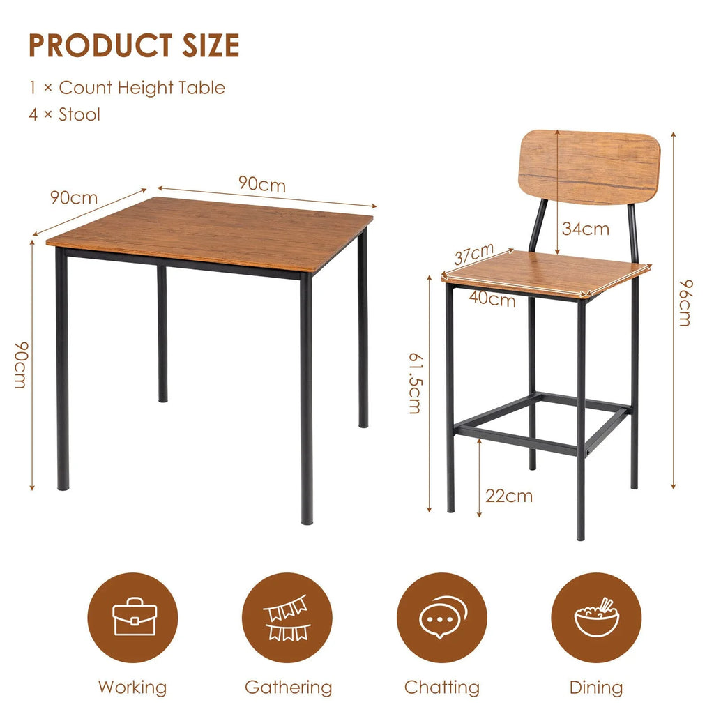 Giantex 5-Piece Dining Bar Table Set, 4 Person Kitchen Breakfast Table Set with Steel Frame , Walnut