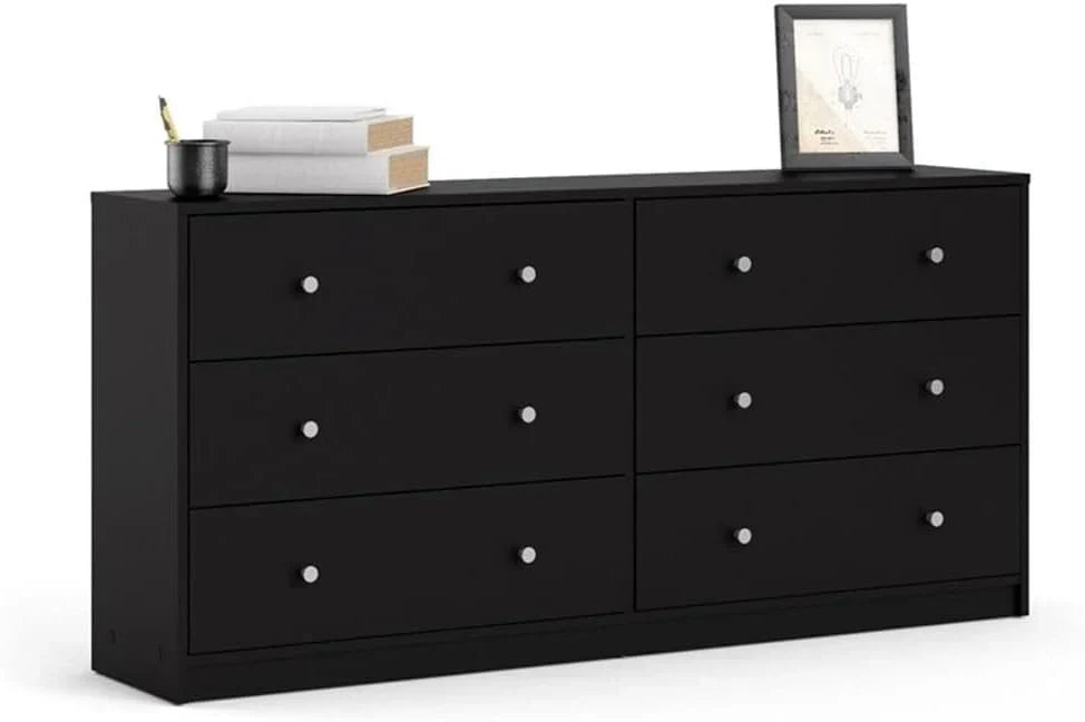 3-Pc Scandinavian Design Engineered Wood Bedroom Furniture Set with 3-Drawer Chest & 6-Drawer Double Dresser & 1-Drawer Nightstand, Pewter Plastic Handles, Smooth Plastic Glides, in Black