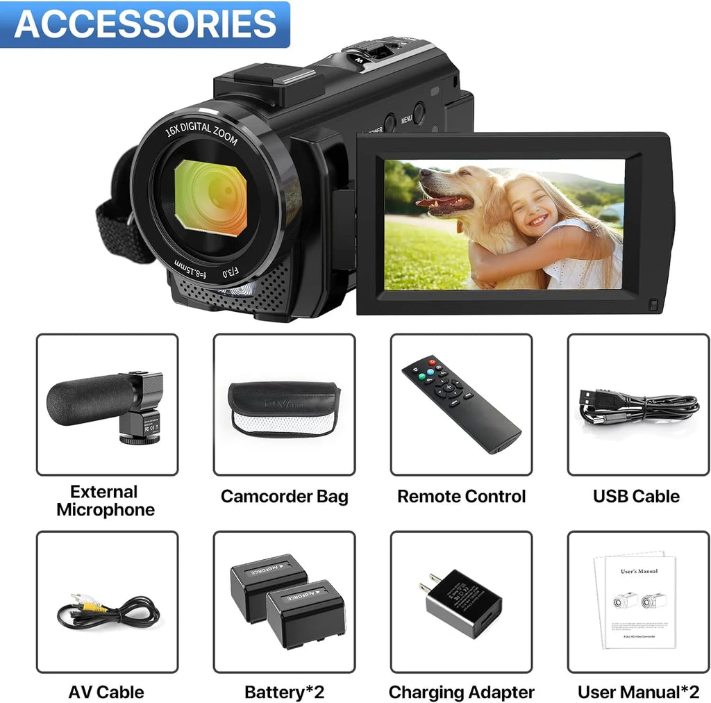 Video Camera Camcorder Digital YouTube Vlogging Camera Recorder FHD 1080P 24.0MP 3.0 Inch 270 Degree Rotation Screen 16X Digital Zoom Camcorder with Microphone,Remote Control and 2 Batteries1 pcs