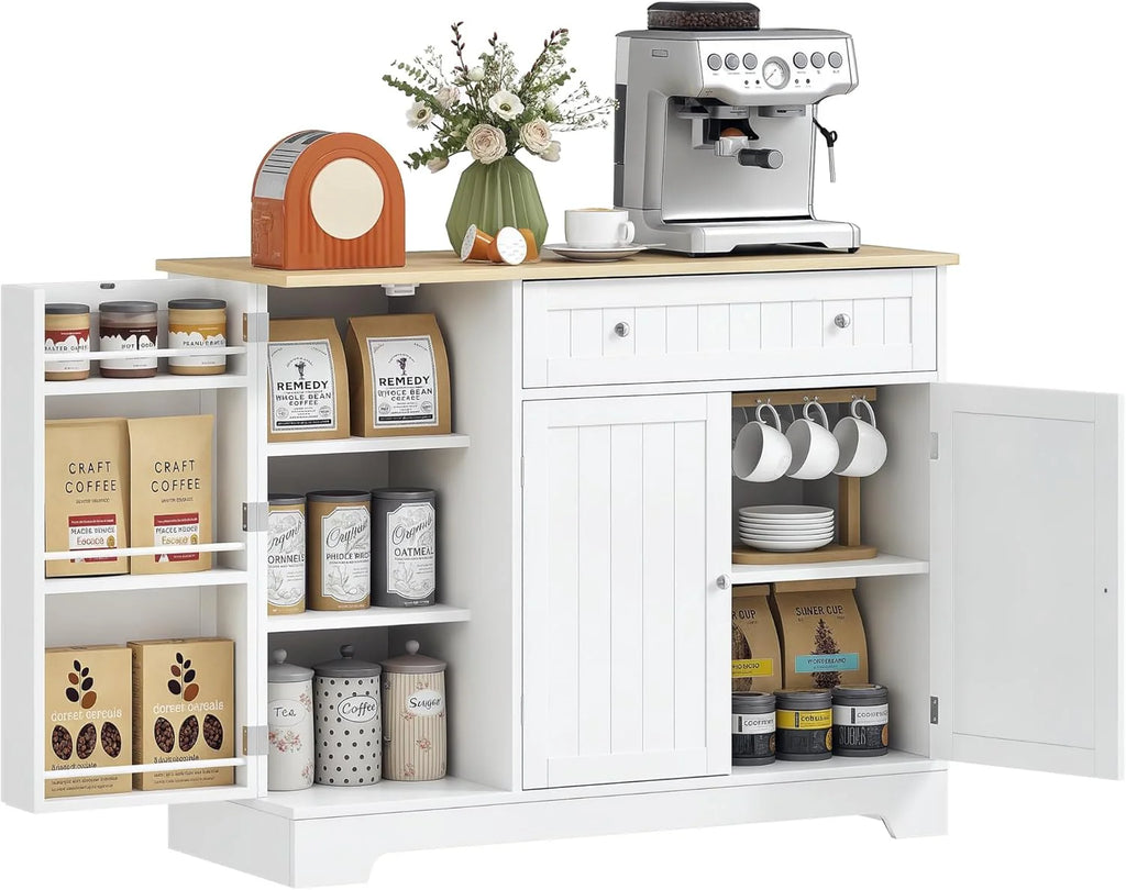 Modern Coffee Bar Cabinet with Storage, Sideboard Buffet Cabinet with Drawer, Adjustable Shelves, Small Kitchen Pantry with Door Shelves, White1 pcs