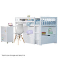 KINGSTON SLUMBER Wooden Kids Single Loft Bed Frame with Pull Out Desk, Storage Drawers - White