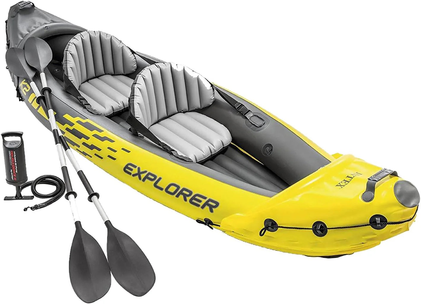Explorer K2 Inflatable Kayak Set: Includes luxurious 86-inch aluminum paddle and high-output pump - extremely durable PVC material - adjustable seat with backrest - suitable for two people - maximum weight capacity 400 pounds1 pcs