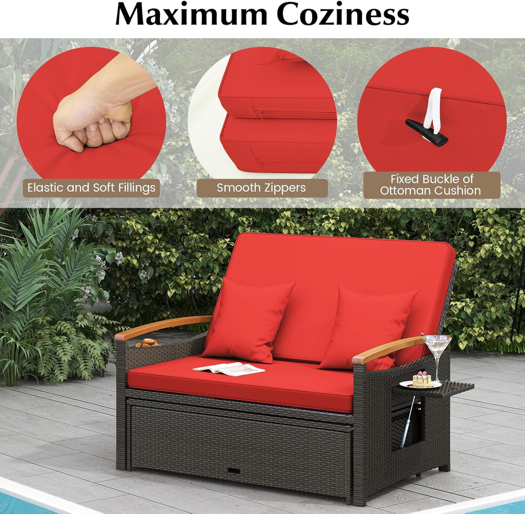 Outdoor Wicker Sofa Daybed, Rattan Loveseat with Folding Panels & Storage Ottoman, 4-Level Adjustable Backrest, Cozy Cushions Included, Sun Lounger Daybed for Backyard Porch,1 pcs