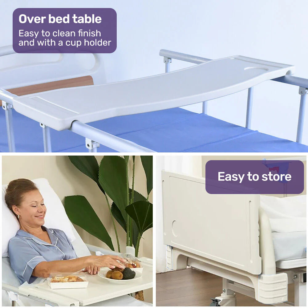 EQUIPMED Medical Bed, w/ Mattress & Over Bed Table, Easy Manual Back and Leg Incline Adjustable, IV Pole, Home Aged Care or ICU Hospital