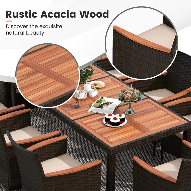 10Pcs Patio Rattan Dining Set with 15FT Double-Sided Umbrella, Heavy Duty Acacia Wood Table & Stackable Wicker Chairs