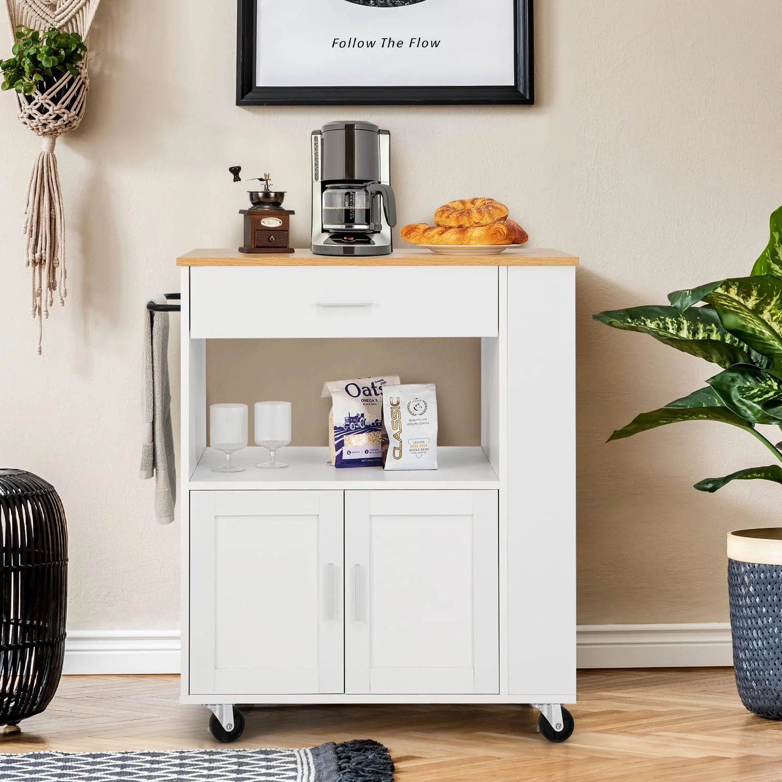 Giantex Kitchen Island Trolley, Rolling Kitchen Serving Trolley w/ 3 Spice Racks, Drawer, Open Shelf & Large Cabinet