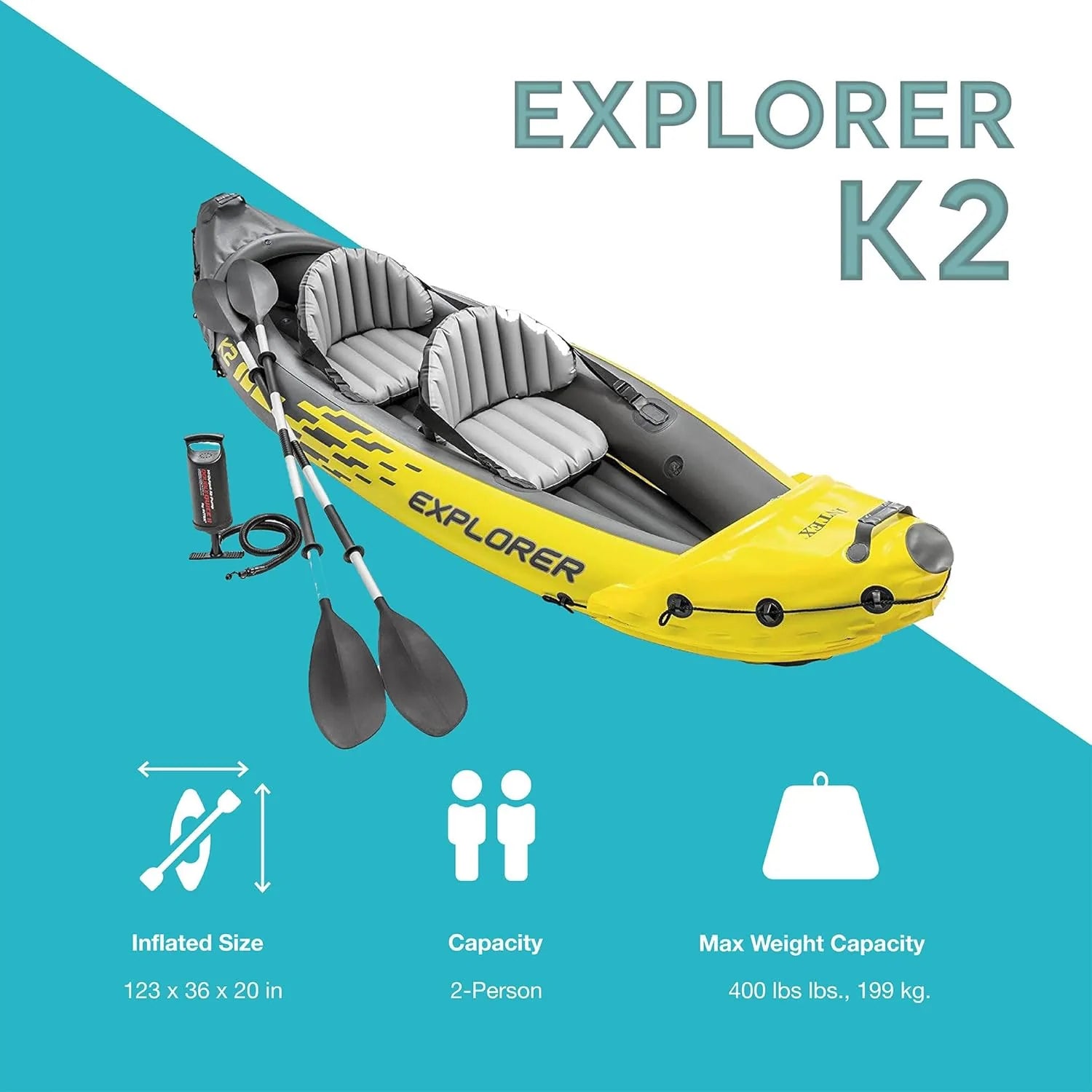 Explorer K2 Inflatable Kayak Set: Includes luxurious 86-inch aluminum paddle and high-output pump - extremely durable PVC material - adjustable seat with backrest - suitable for two people - maximum weight capacity 400 pounds1 pcs