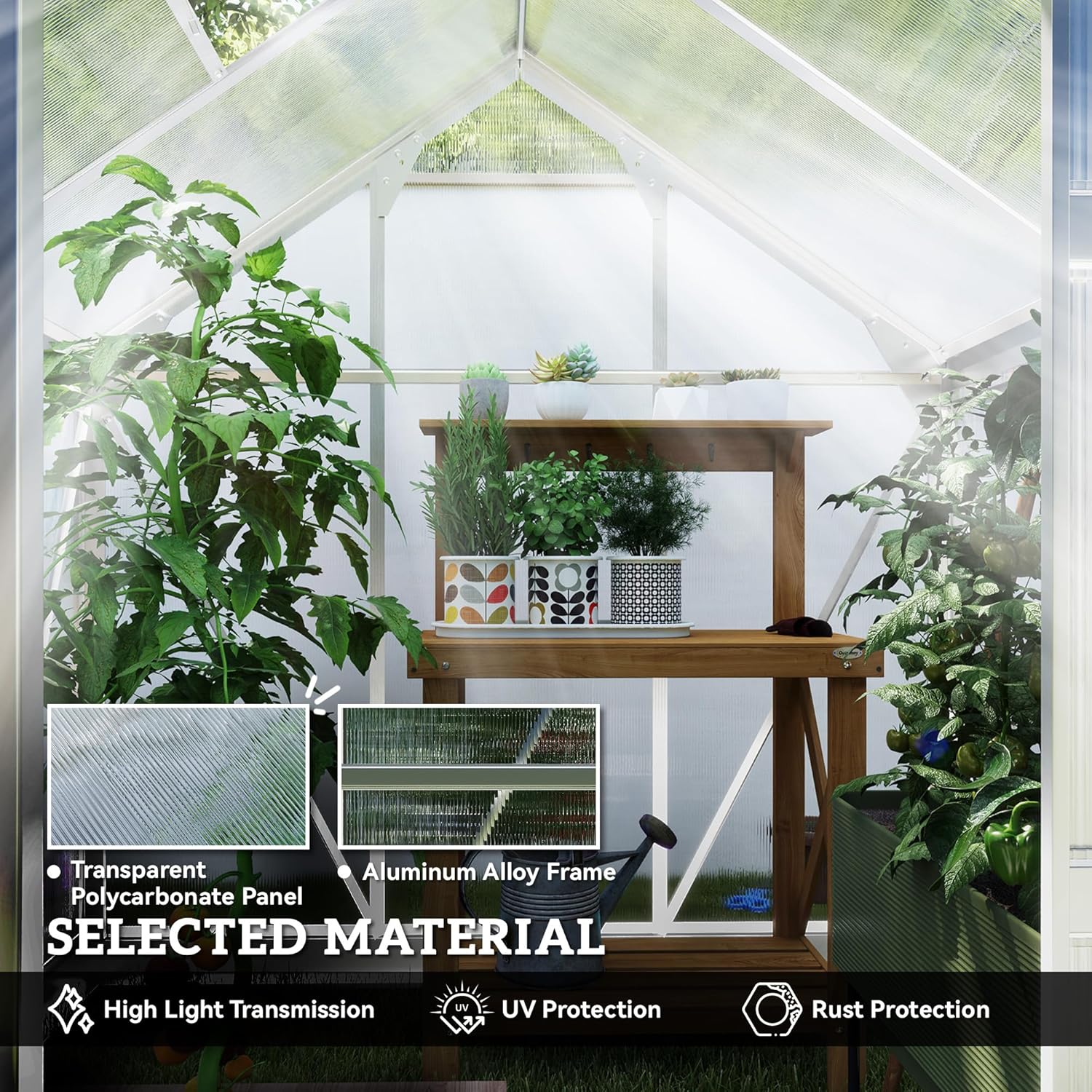 Outsunny 6' x 6' x 6.6' Polycarbonate Greenhouse, Walk-in Green House Kit Garden, Plants Grow, Galvanized Sheet Aluminum Frame with Rain Gutter, Vent and Sliding Door, Grey1 pcs