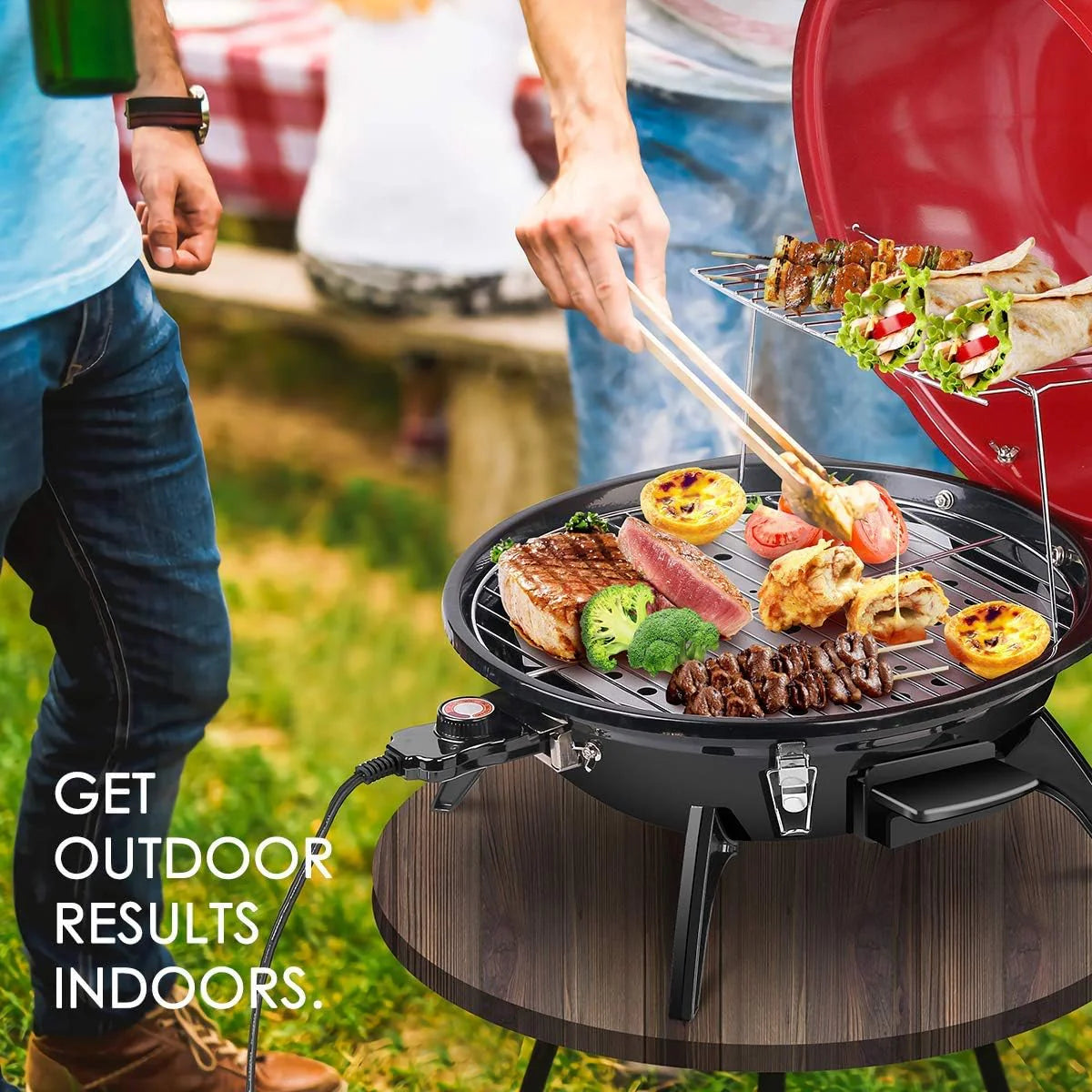 Electric barbecue grill, 15-person indoor/outdoor electric grill, suitable for indoor and outdoor use, double-layer design, portable detachable grill, power 1600 watts (fixed type, black)1 pcs