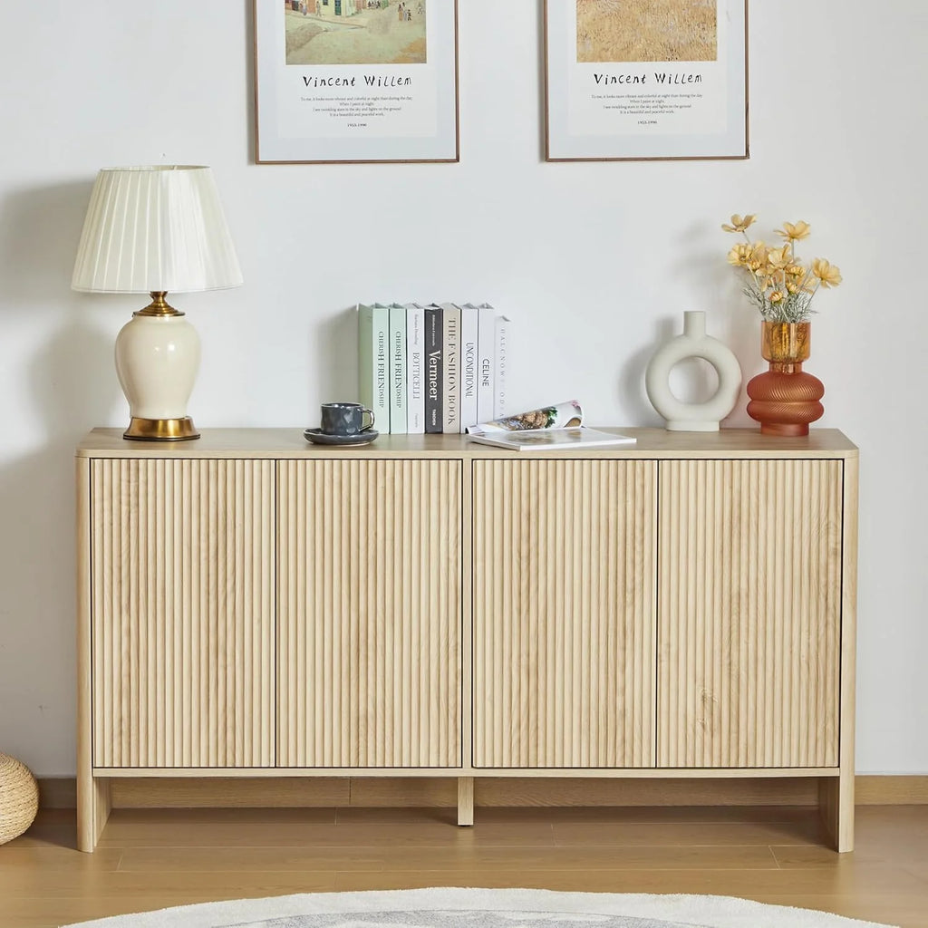Modern Sideboard Buffet Cabinet Console Table, Accent Storage Cabinet Credenza Buffer Cabinets with 4 Fluted Doors for Kitchen Dining Living Room Entryway (Walnut)1 pcs