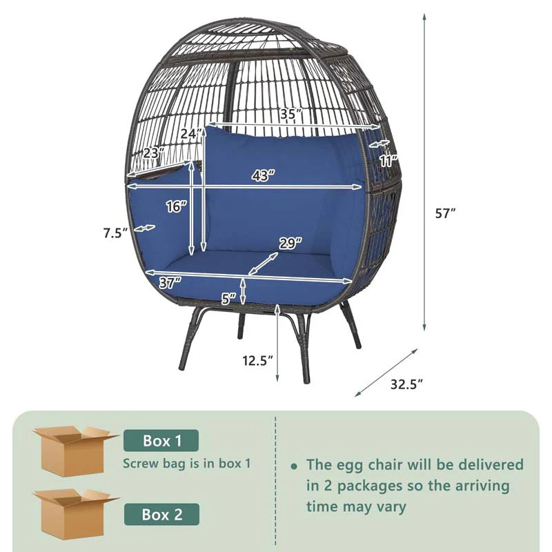 Oversized Wicker Egg Chair with 4 Cushions, Steel Frame Basket Chair Indoor Outdoor Patio Lounge Chair